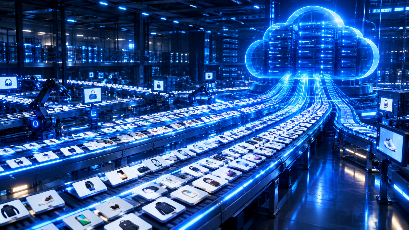 Thousands of product images flowing through an automated pipeline into organized cloud storage