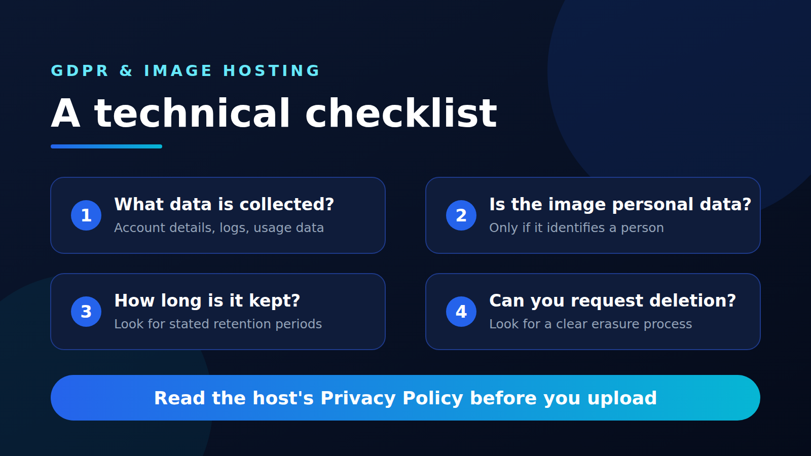 GDPR and image hosting: a four-point technical checklist covering data collected, personal data, retention and deletion requests