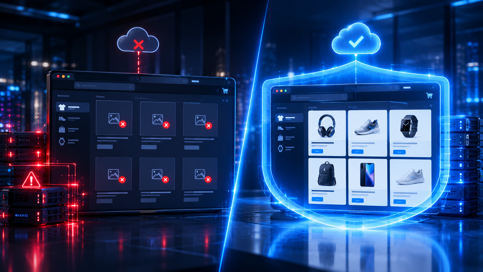 A store page with broken image icons during an outage, protected by an uptime shield