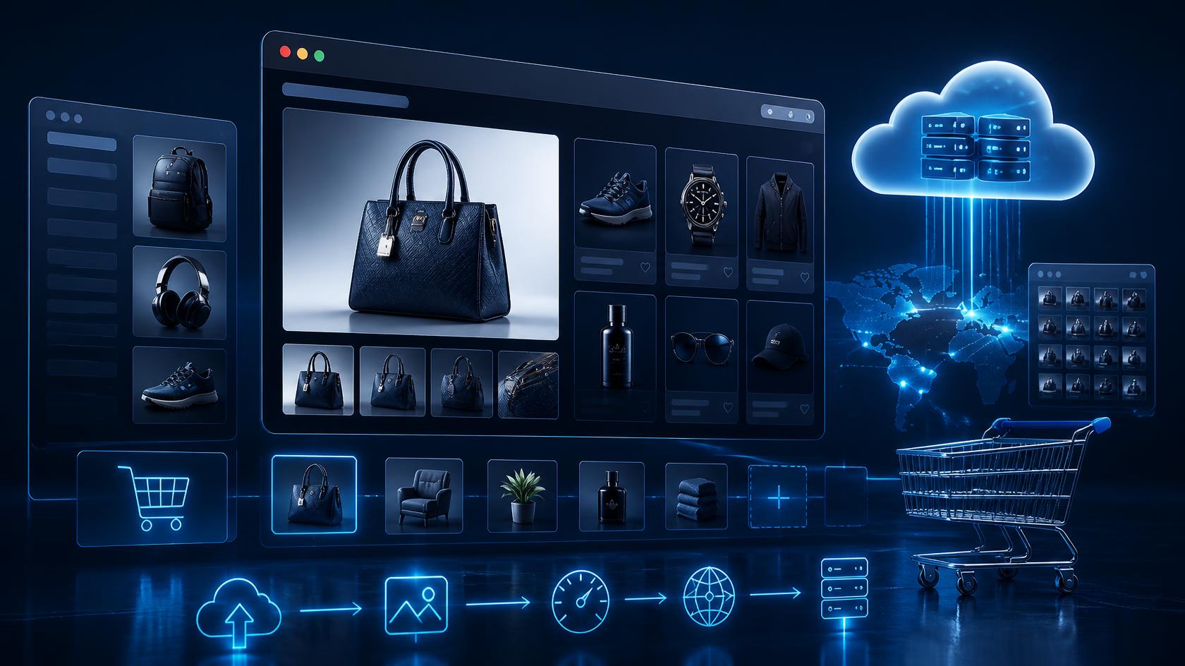 Complete online store layout with product images, banners and gallery hosted externally