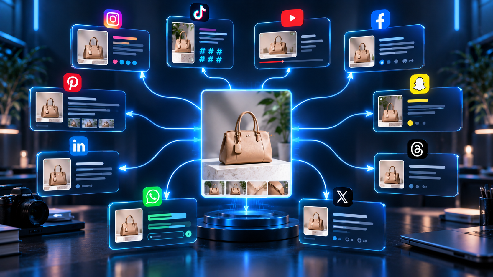 One photo branching into ten different caption styles for ten different social platforms