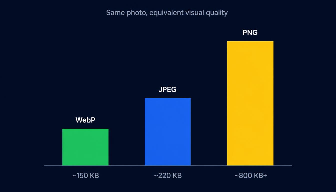 Bar chart comparing WebP, JPEG and PNG file sizes at equivalent quality