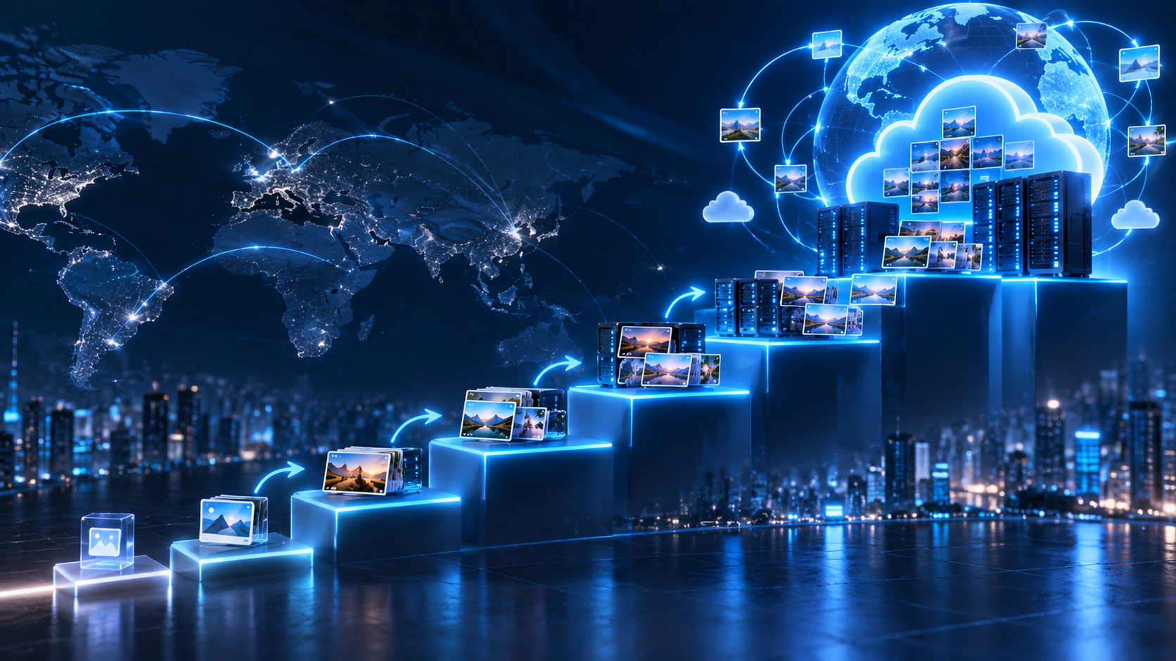 A growth path rising from a small starting point to a large global cloud infrastructure